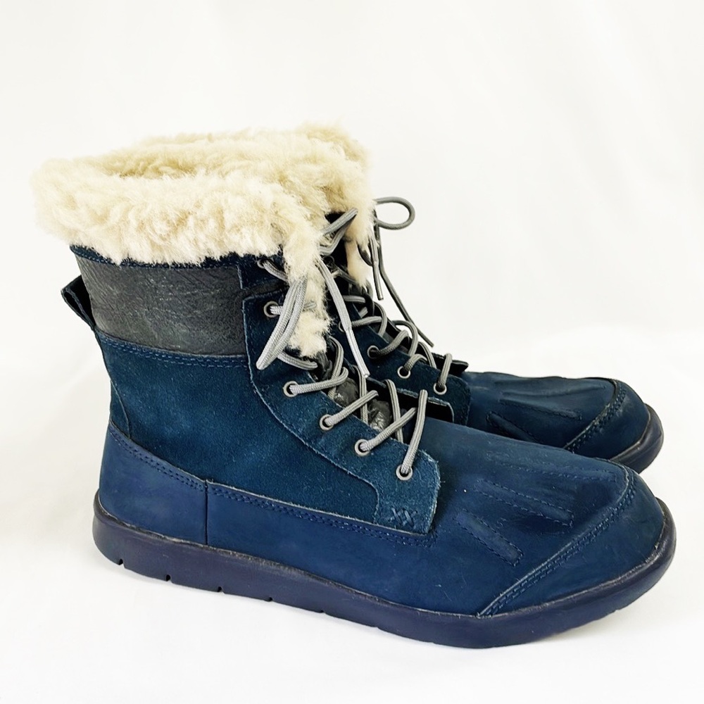 UGG Treadlite Blue Suede Ankle Boots Pure Wool Fur Lined Size 6.5